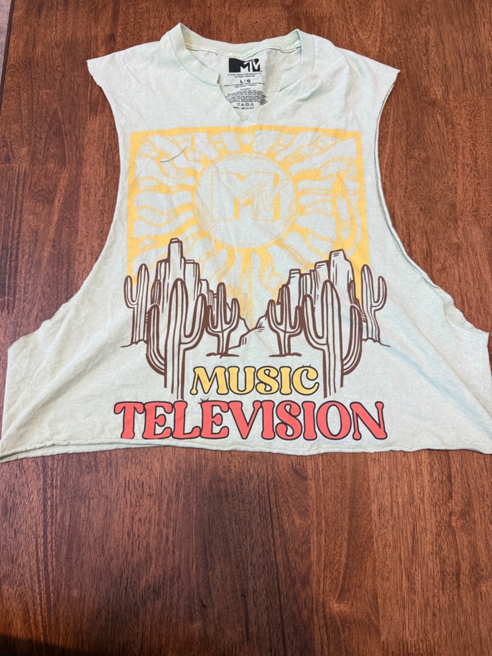 Vintage MTV Pale Mint Sleeveless Graphic Tank with Yellow Sun & Red Text